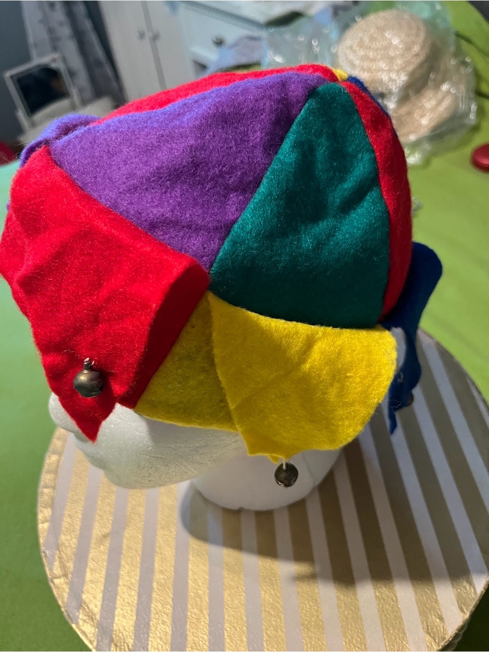 Multi-Color Felt Jester Hat with Bells. Multi-color felt jester hat in red, purp